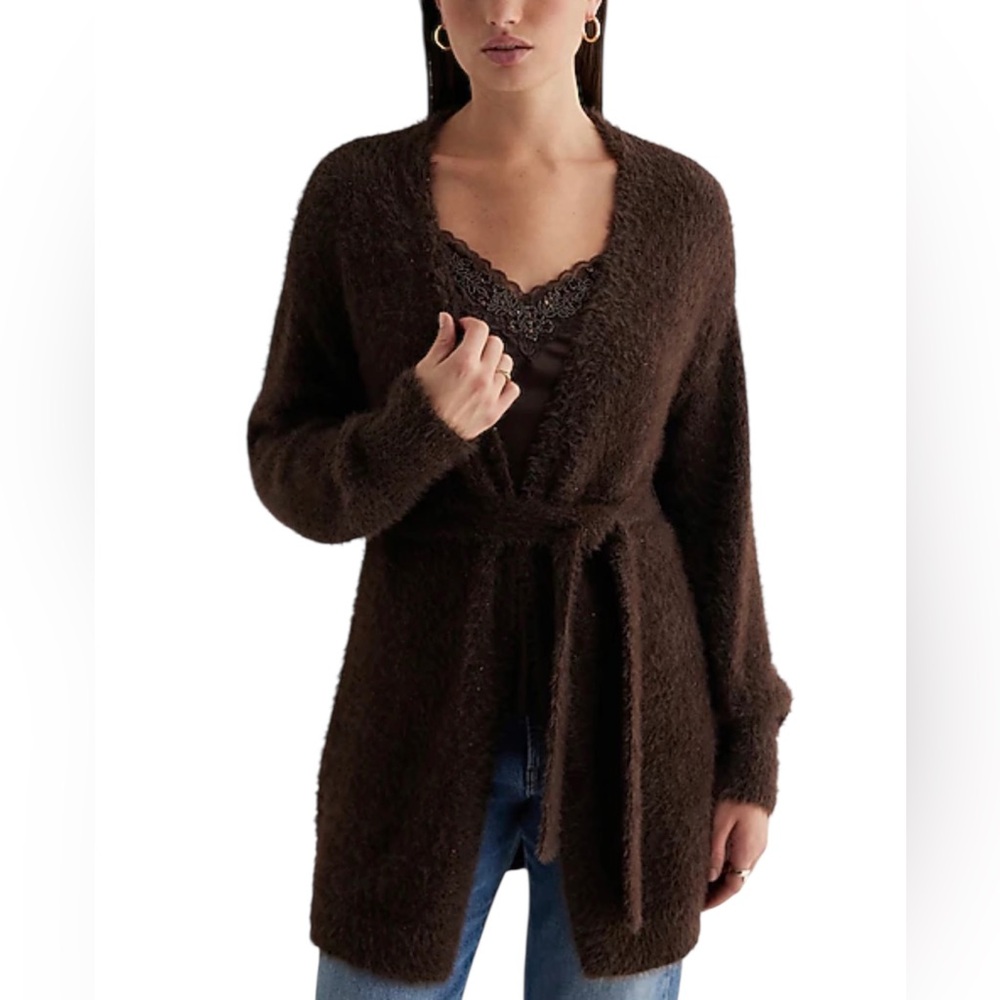 EXPRESS Faux Fur Sequin Balloon Sleeve Belted Cardigan Chocolate Sz Medium Y2K
